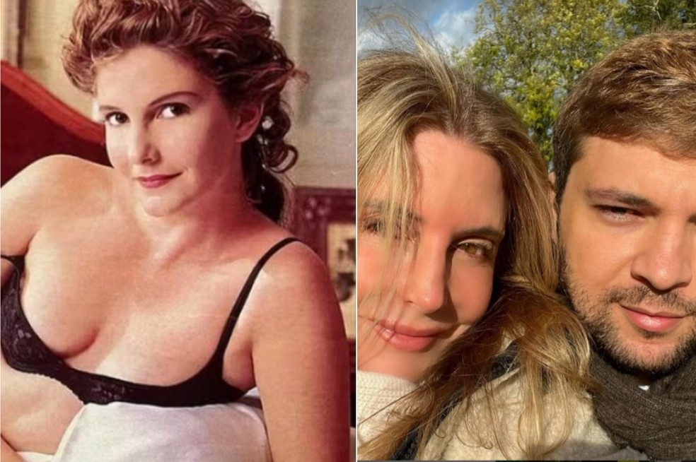 Maria Padilha no seu ensaio nu; e atualmente com o marido — Foto: Reprodução