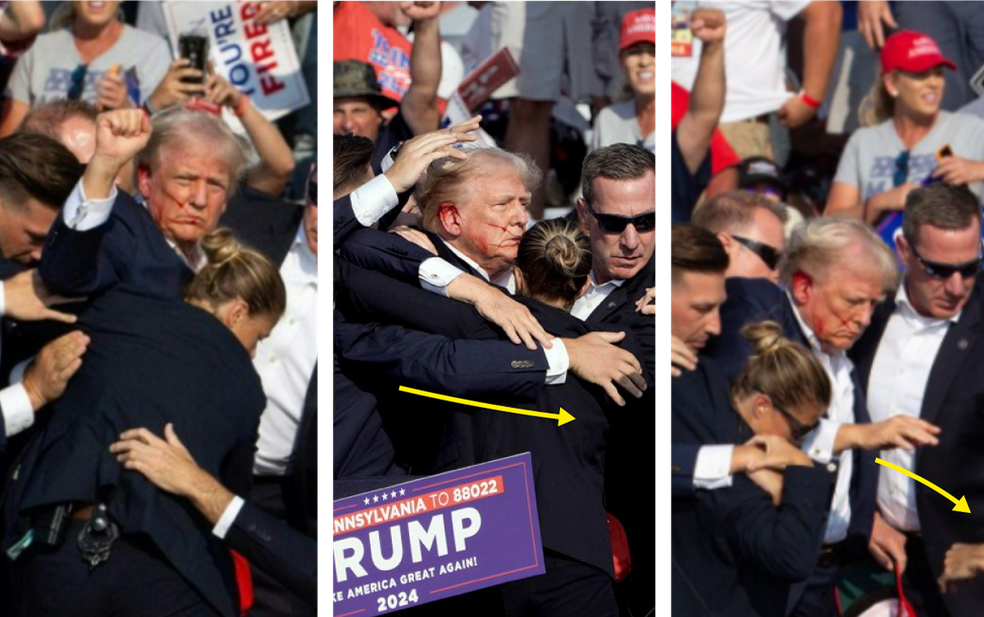 Passo a passo do atentado contra Donald Trump, na Pensilvânia, nos EUA. — Foto: Editoria de Arte/Rebecca Droke - AFP
