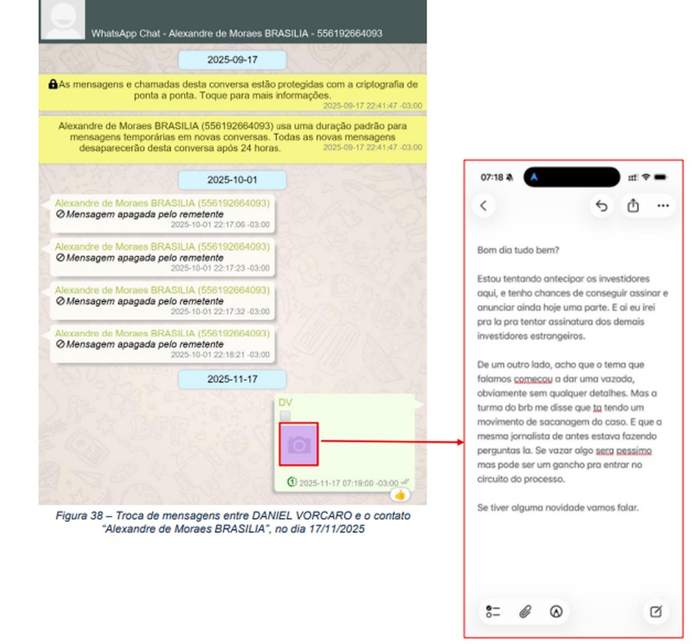 Conversa entre Alexandre de Moraes e Daniel Vorcaro — Foto: Reprodução