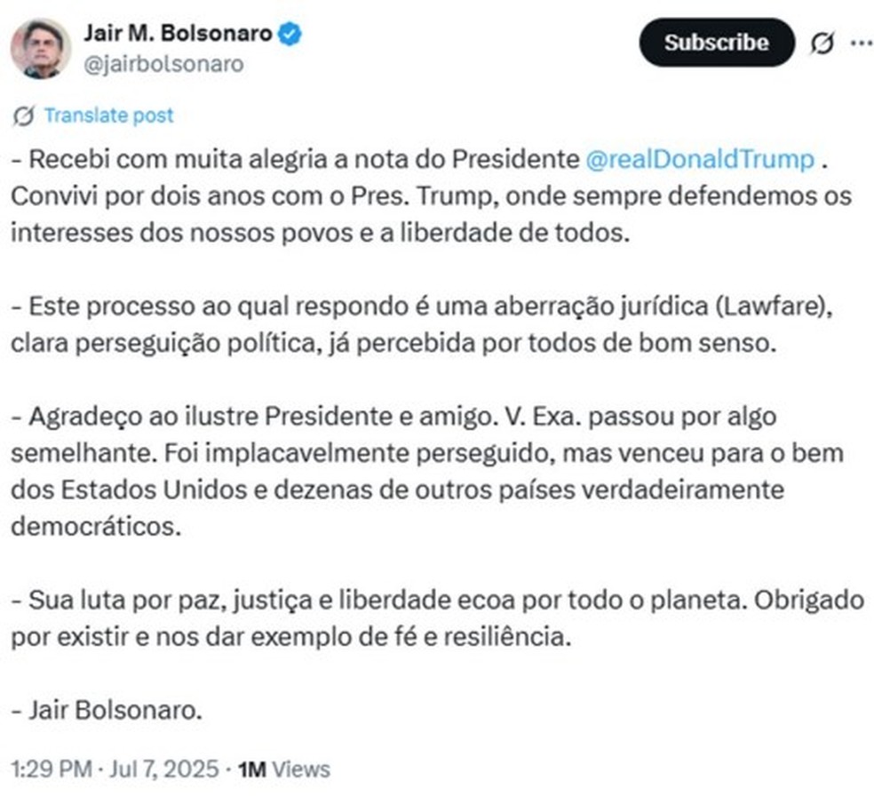 Publicação de Bolsonaro citada em decisão de Moraes — Foto: Reprodução