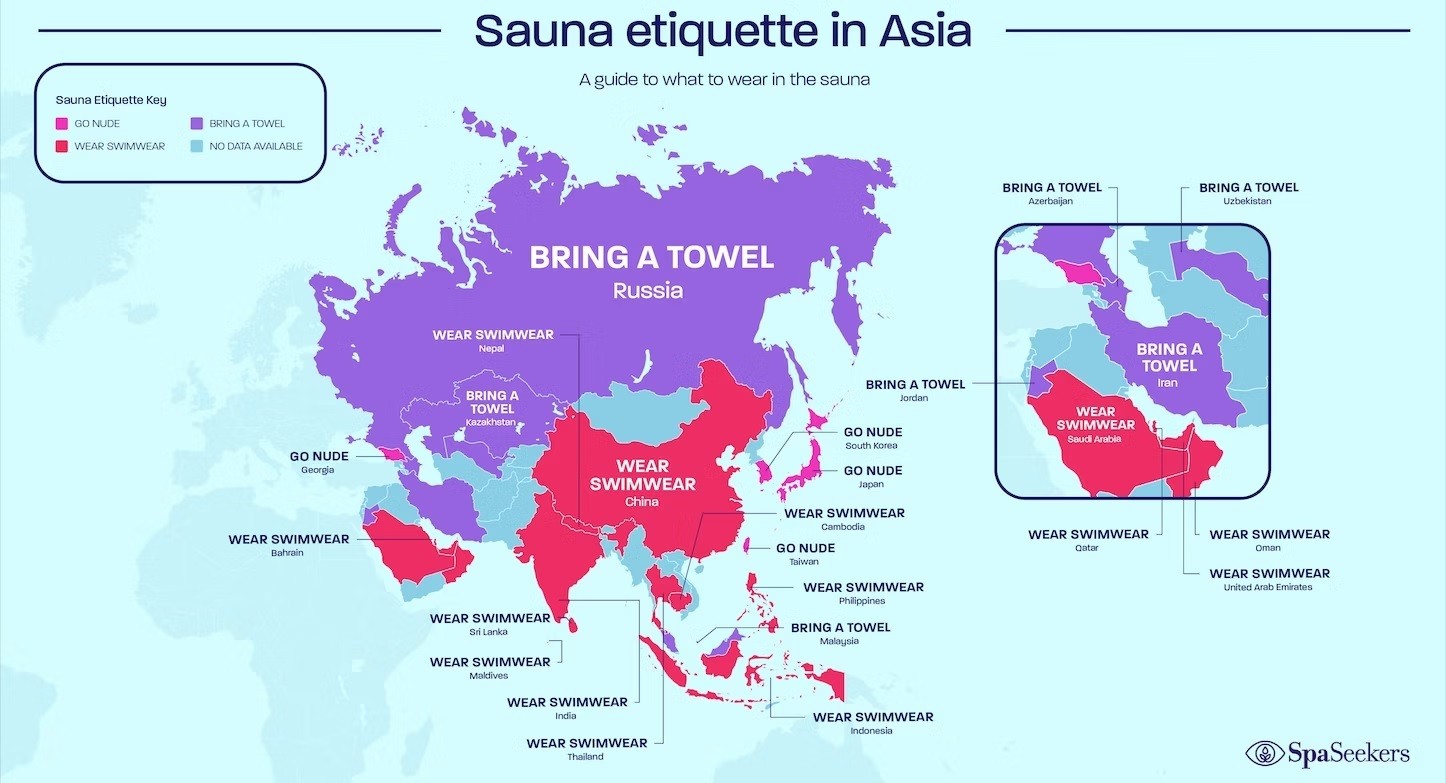 Mapa do SpaSeekers.com mostra a etiqueta para a sauna na Ásia — Foto: Reprodução / SpaSeekers.com