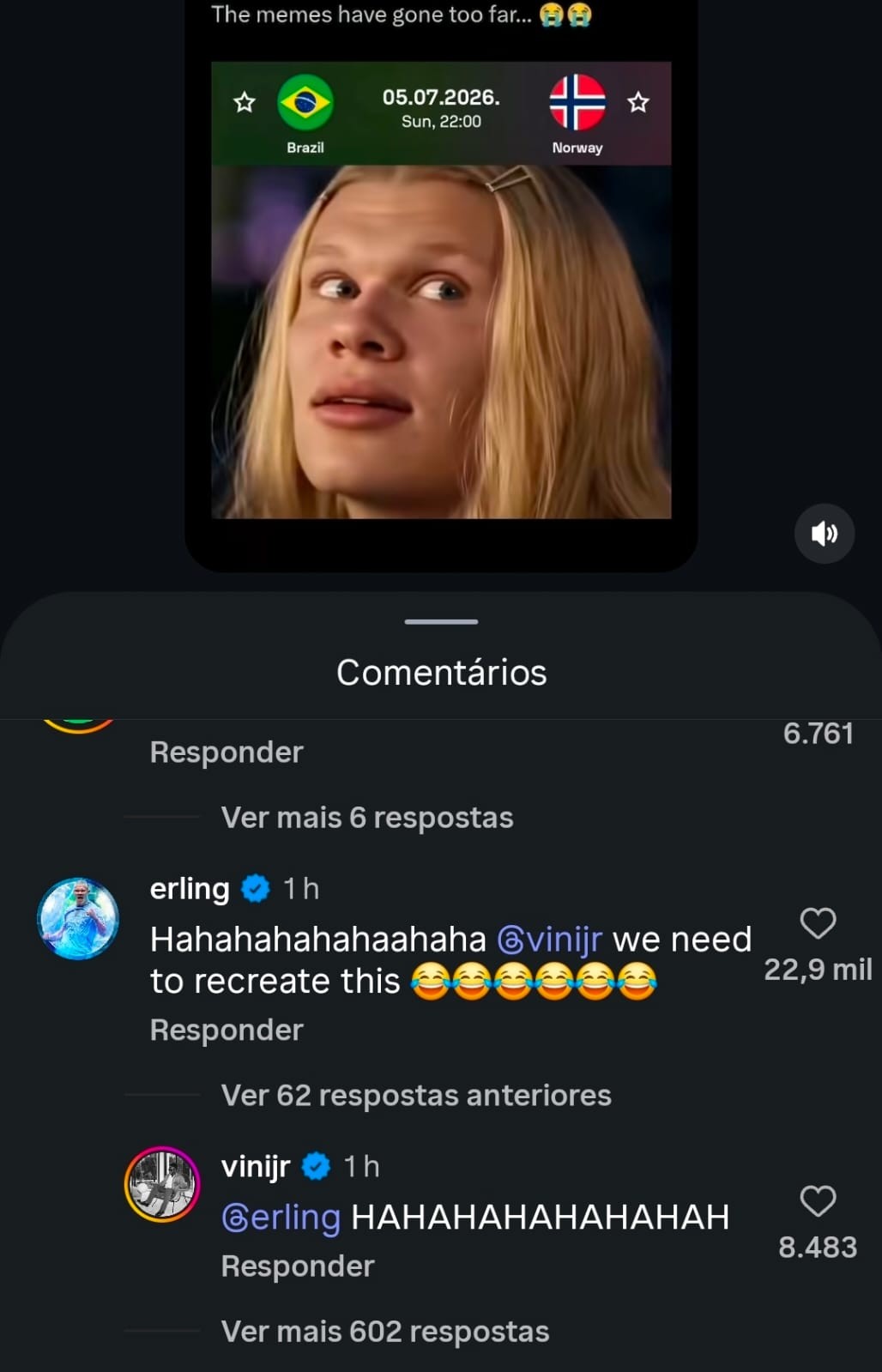 Haaland e Vini Jr interagem em comentários de meme viral com cena de As Branquelas: 'precisamos recriar isso'