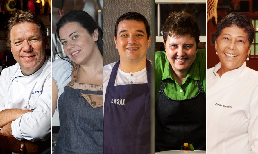 Da esquerda para a direita, os chefs Claude Troisgros, Janaína Rueda, Rafa Costa e Silva, Roberta Sudbrack e Kátia Barbosa