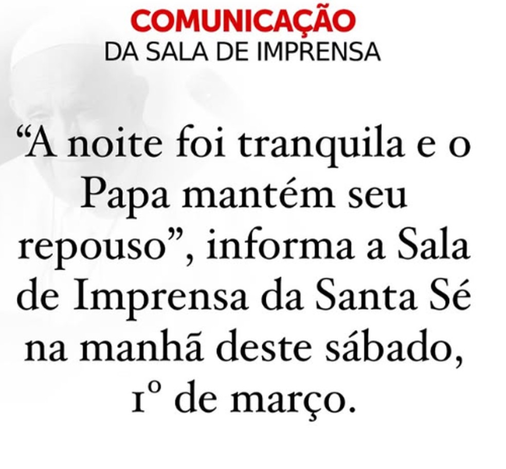 Boletim sobre a saúde do Papa — Foto: Reprodução