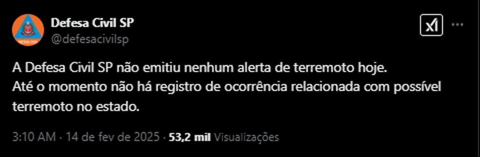 Postagem da Defesa Civil de São Paulo negando alerta de terremoto — Foto: Reprodução