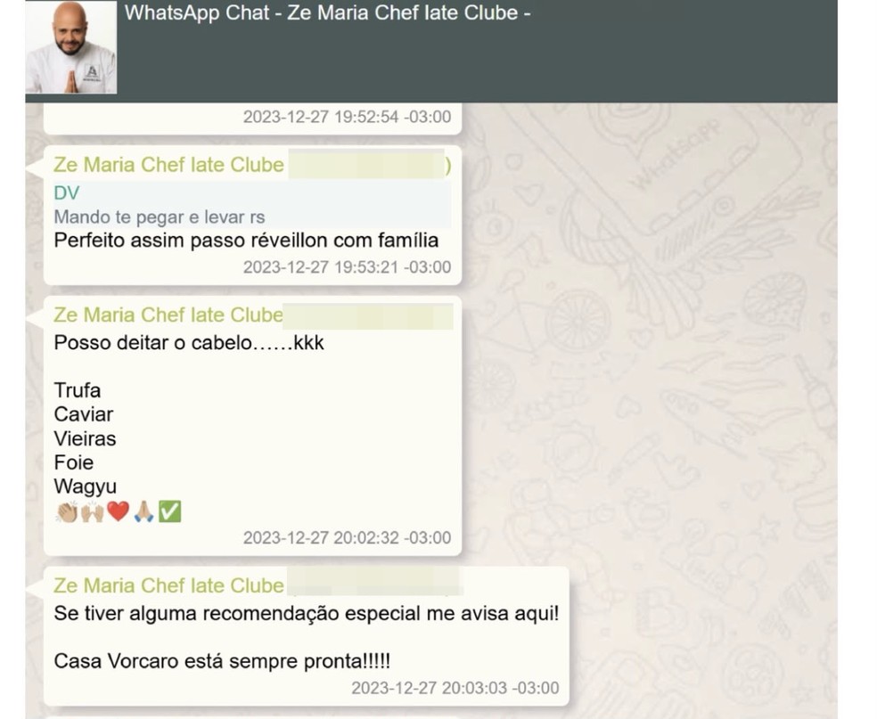 As conversas mostram detalhes do cardápio e dos ingredientes escolhidos para a recepção. — Foto: Reprodução