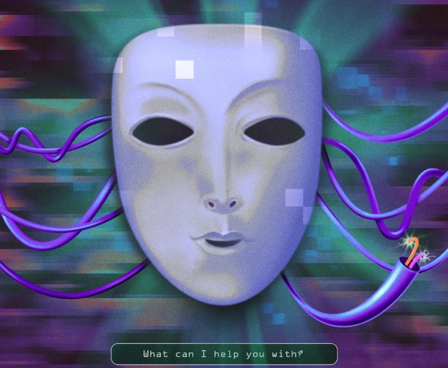 Imagem ilustrativa de uma pessoa pensativa diante de uma tela de computador, com elementos de interface de chatbot e um ambiente sombrio ao redor.