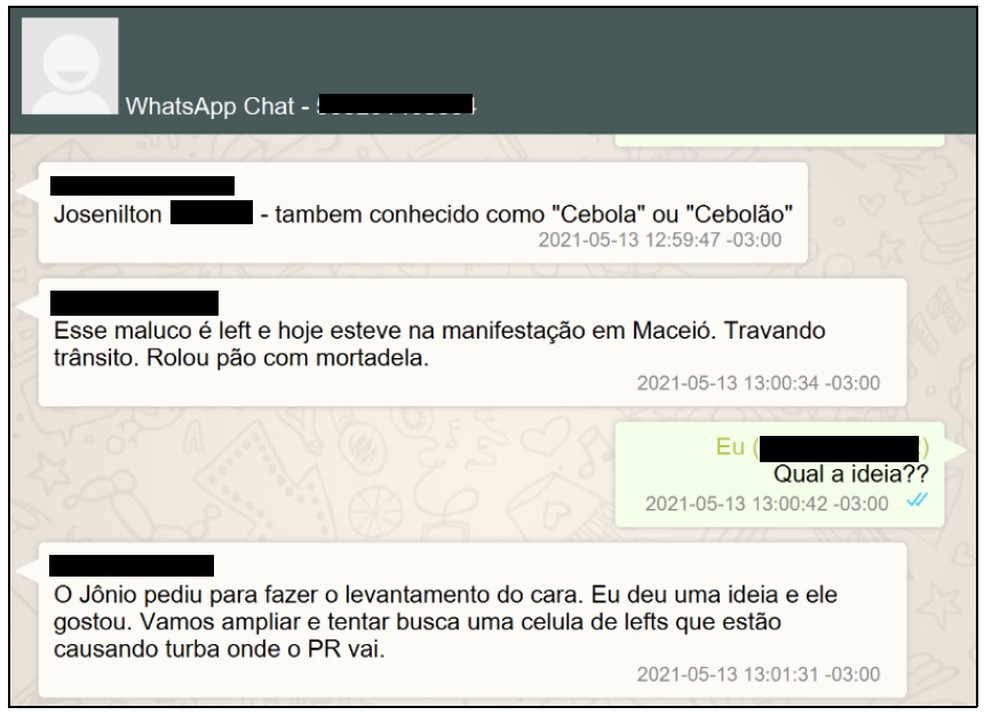Print de troca de mensagens de Whatsapp em que é solicitado um "levantamento" sobre membro da central sindical CUT, considerado "left" — Foto: Reprodução