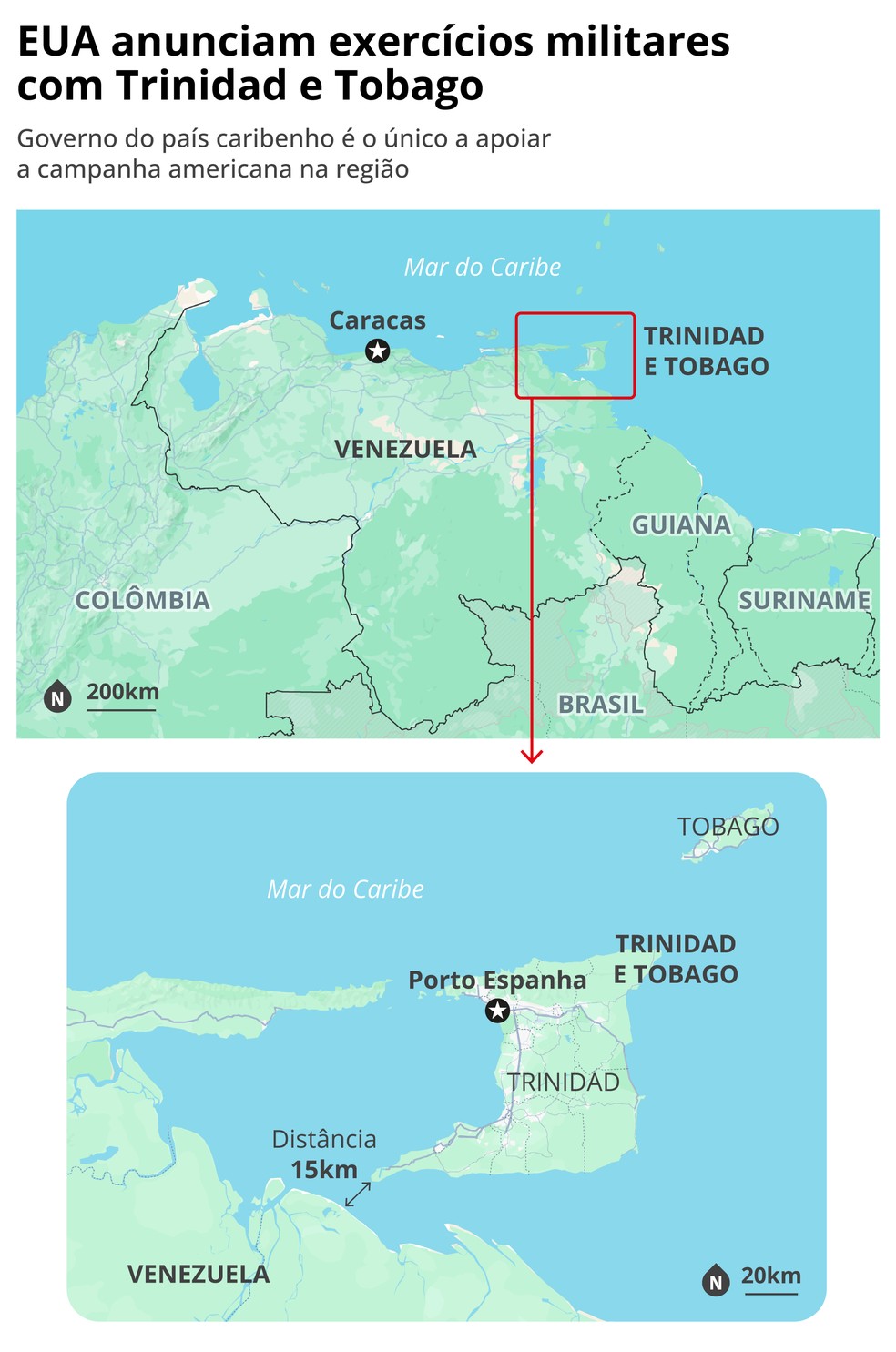EUA e Trindad e Tobago farão exercícios militares conjuntos no Caribe — Foto: Editoria de Arte / O Globo