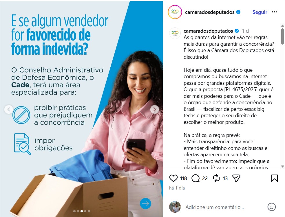 Post de perfil da Câmara defende PL do governo que dá mais poder ao Cade para fiscalizar big techs - QTU Questões do Universo