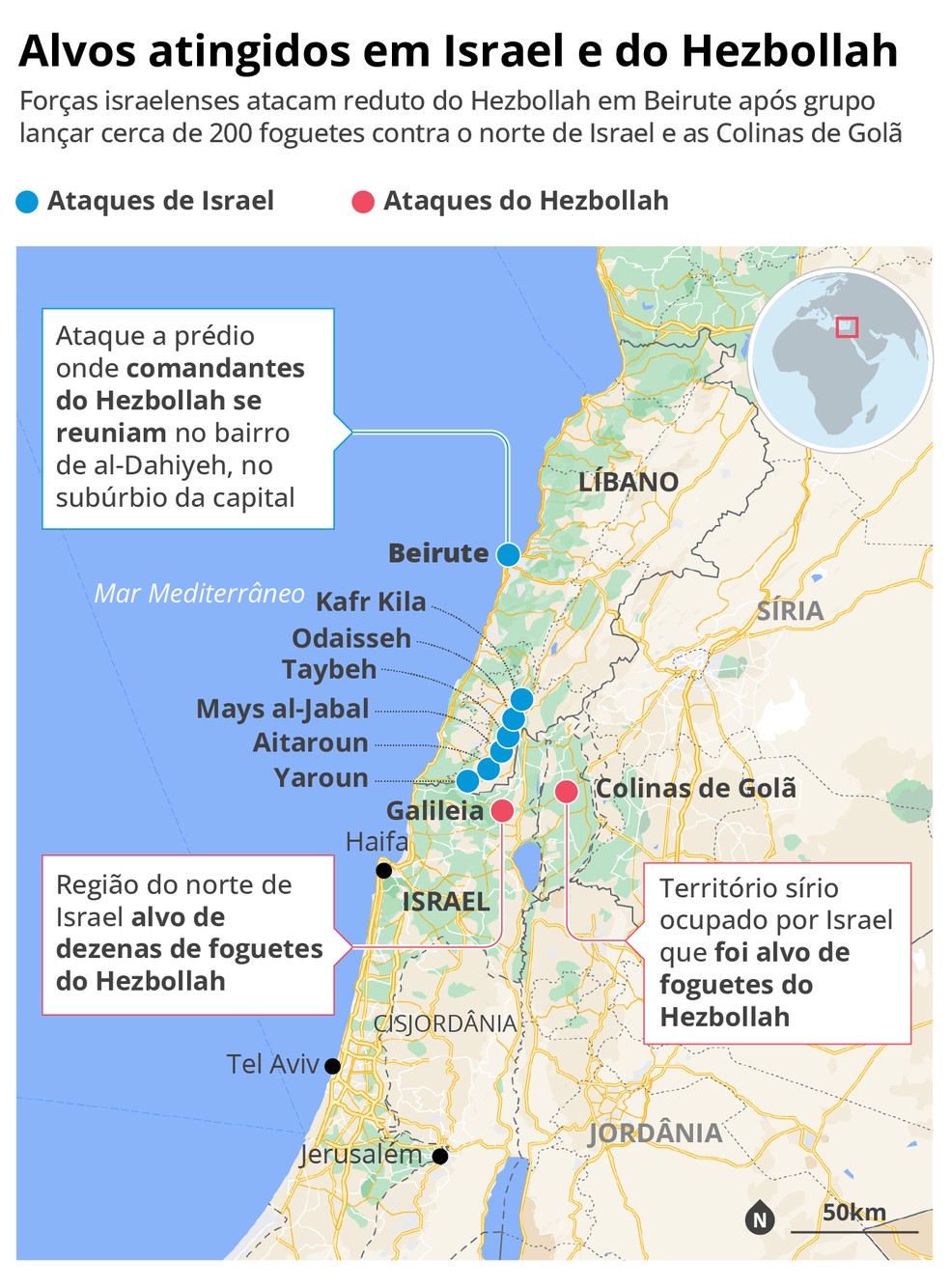 Israel e Hezbollah têm alvos atingidos em trocas de ataques — Foto: Arte/ O GLOBO