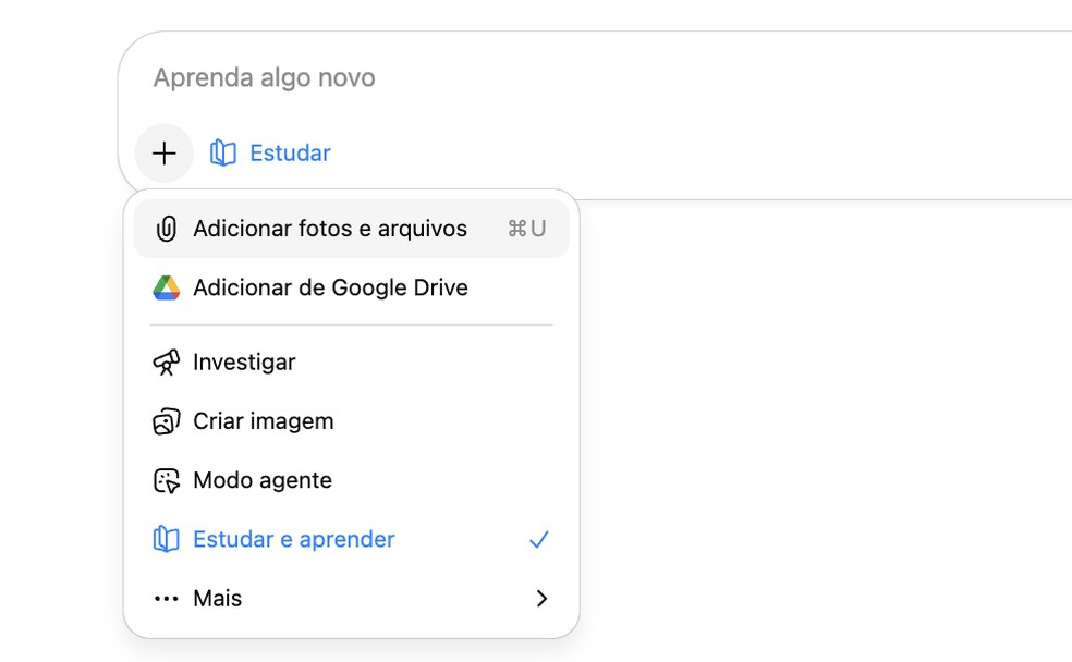 Para anexar arquivos: primeiro ative o modo "Estudar e aprender". Depois, clique em "+" e "Adicionar fotos e arquivos" — Foto: Reprodução/ChatGPT