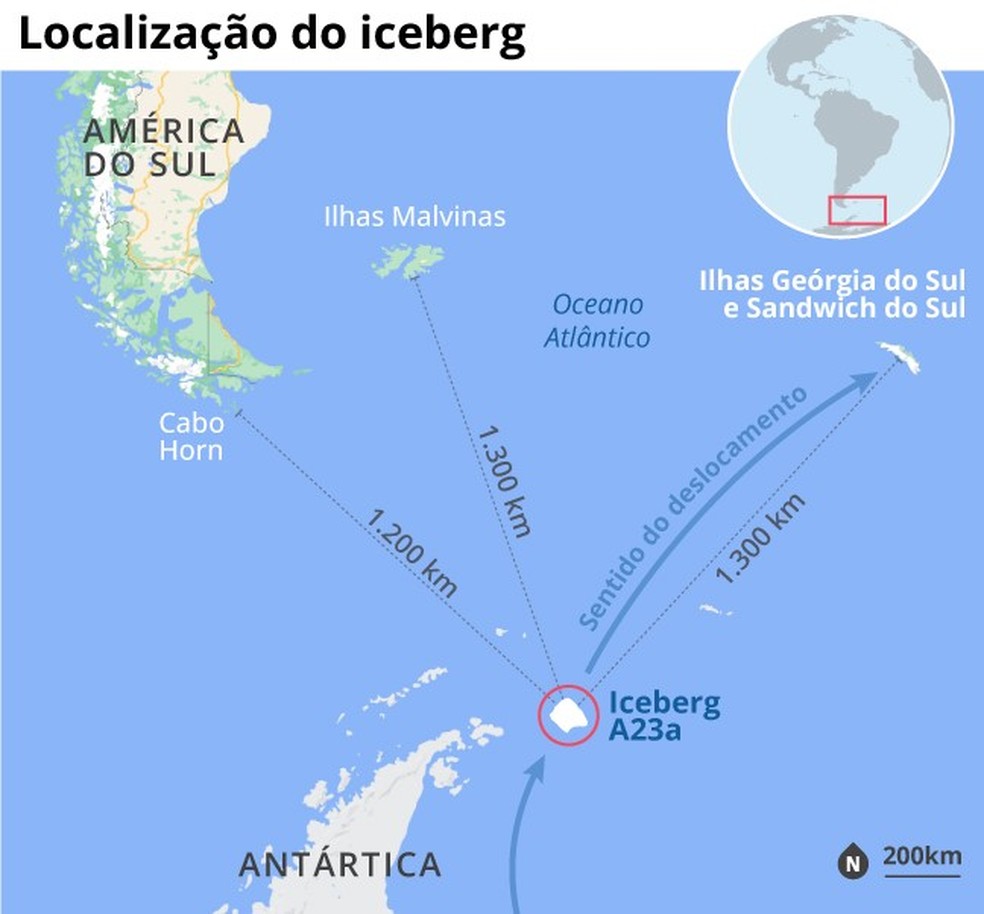 Mapa mostra risco de deslocamento avançado em deslocamento de iceberg em direção às Ilhas Georgia do Sul — Foto: Infoglobo