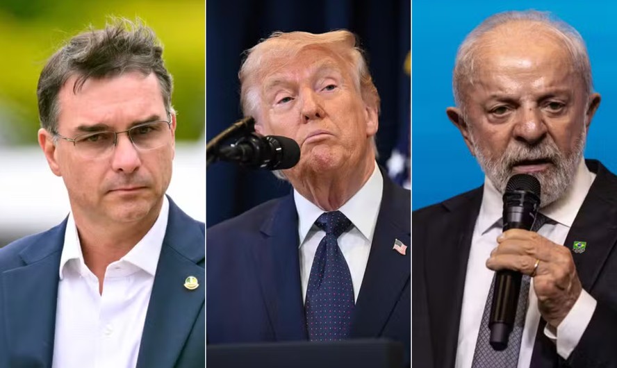 Senador Flávio Bolsonaro e presidente Lula em disputa diplomática pelo apoio de Donald Trump nos EUA.