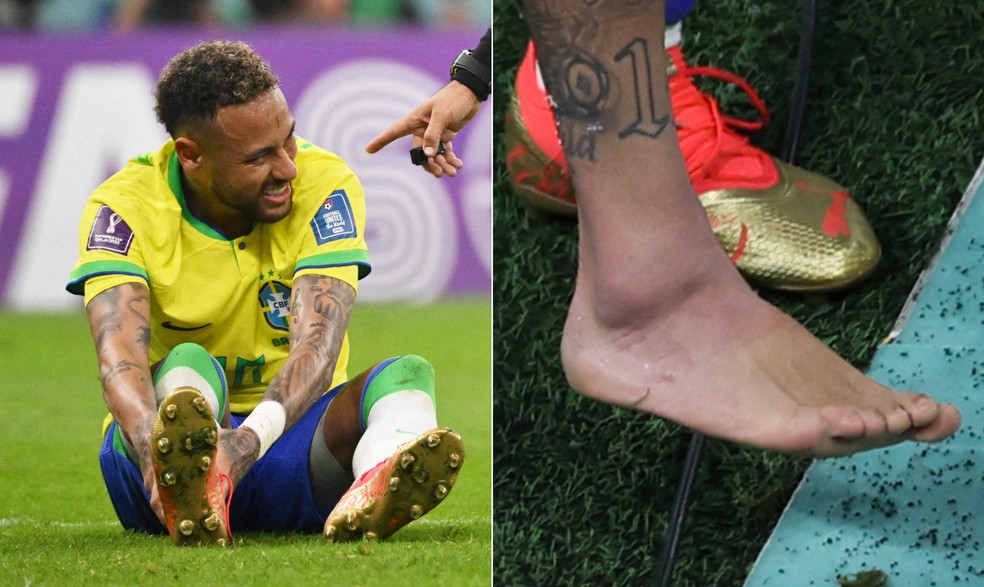 Contra a Sérvia, Neymar Jr saiu de campo com o tornozelo muito inchado — Foto: AFP
