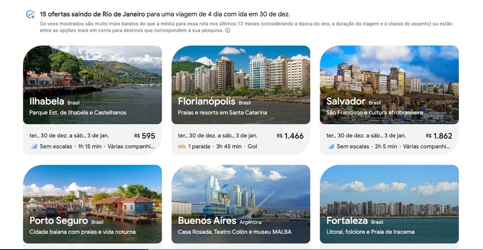 Resultado de IA do Google para consulta sobre passagens aéreas no final do ano — Foto: Reprodução/Google