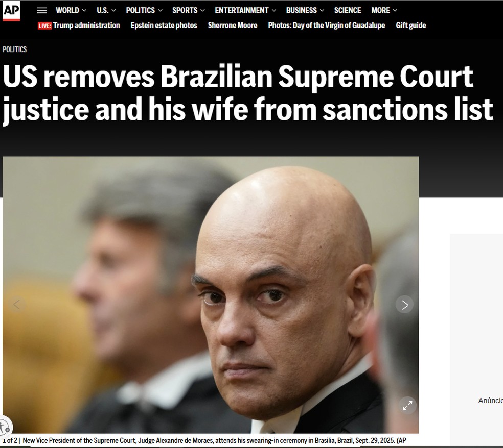 "US removes Brazil's Supreme Court minister and wife from sanctions list"AP reported — Photo: Reproduction