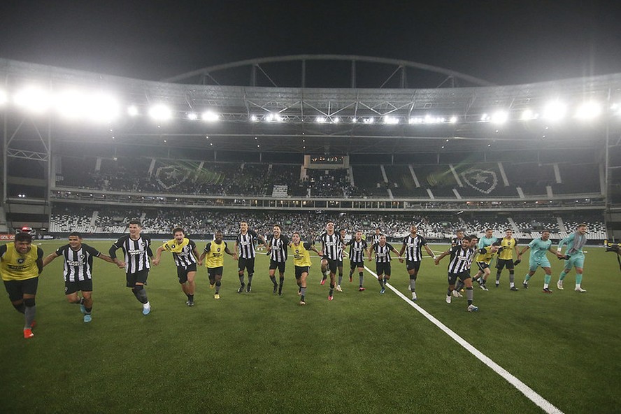 Jogadores do Botafogo comemoram vitória sobre o América-MG com a torcida