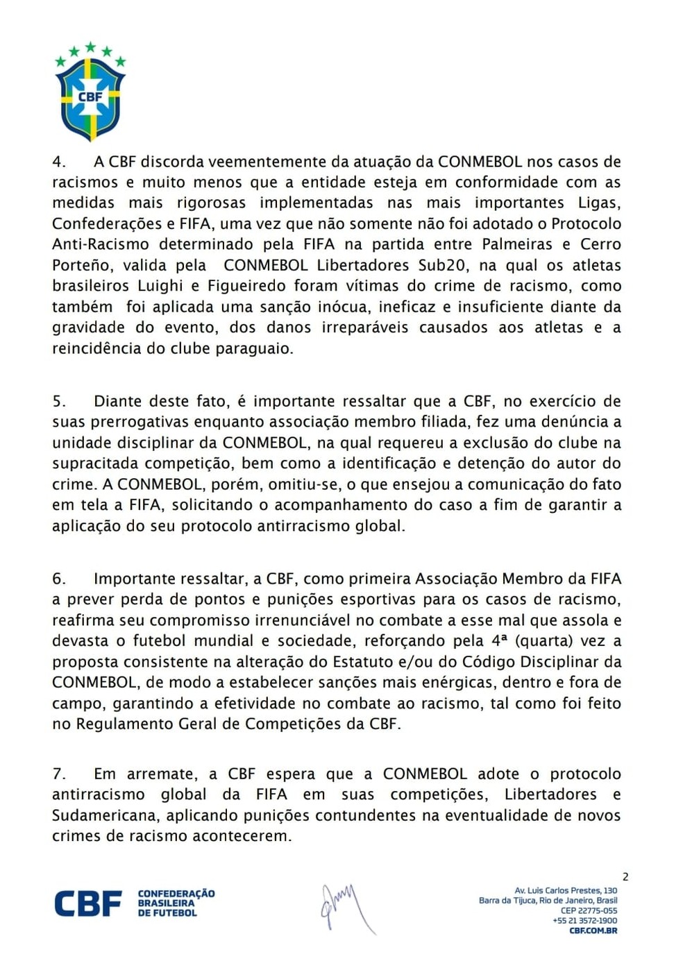 CBF repudia carta que Ednaldo Rodrigues assinou, em conjunto com Conmebol — Foto: Reprodução