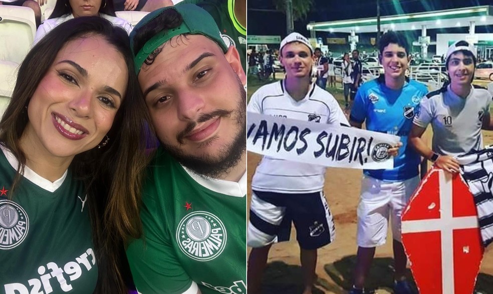 Lembranças: Arthur Henrique em um jogo do Palmeiras com a esposa (Ingrid), e em uma partida do ABC junto de amigos — Foto: Acervo pessoal