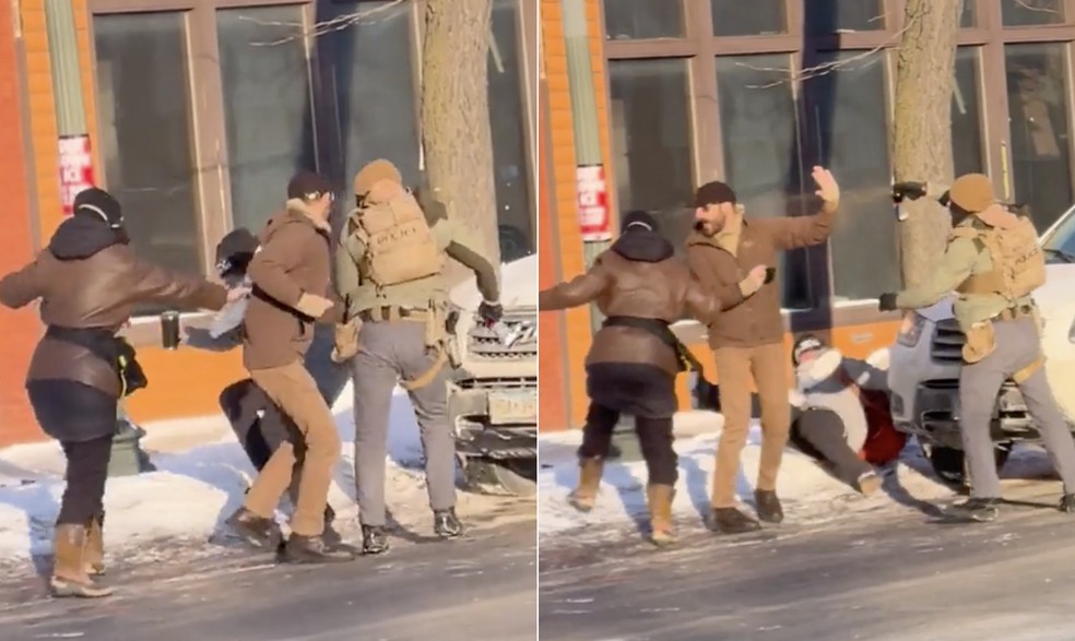 Agente da Patrulha de Fronteira empurra Alex Pretti e outros dois manifestantes em Minneapolis e utiliza spray de pimenta contra eles — Foto: Reprodução/Redes sociais