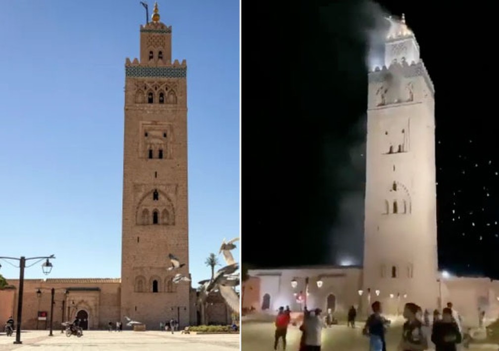 A grande mesquita Cutubia, em Marrakesh, pegou fogo com o abalo císmico. — Foto: GoogleStreet/@GlobeEyeNews