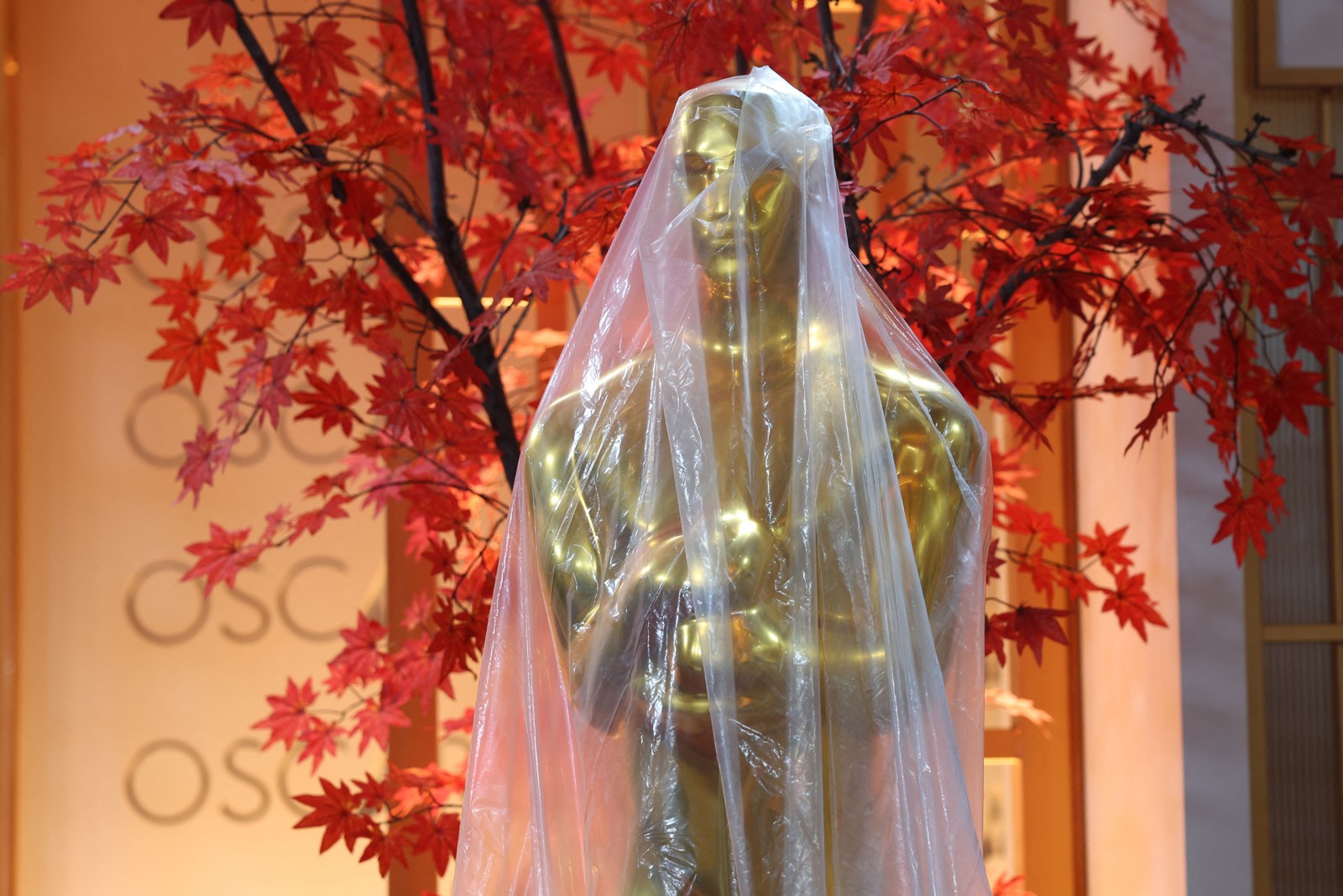 Réplica decorativa da estatueta ainda protegida por plástico — Foto: ANGELA WEISS / AFP