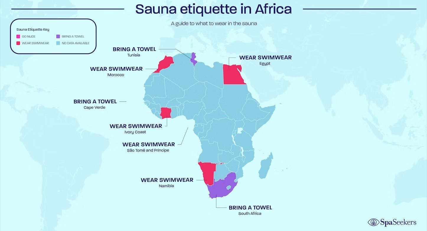 Mapa do SpaSeekers.com mostra a etiqueta para a sauna na África — Foto: Reprodução / SpaSeekers.com