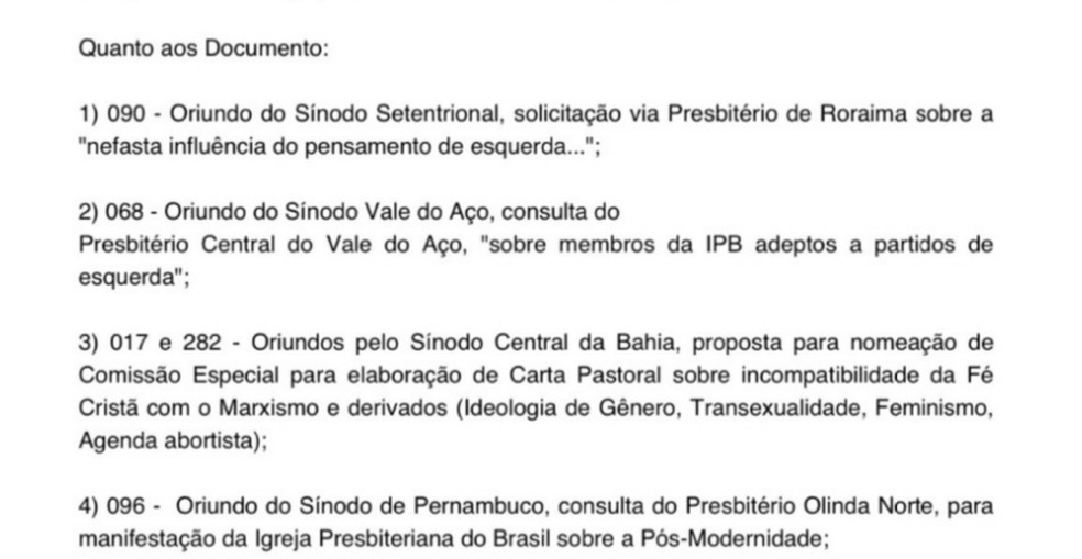 Parte do documento da Igreja Presbiteriana do Brasil que será votado na reunião de líderes  — Foto: Reprodução