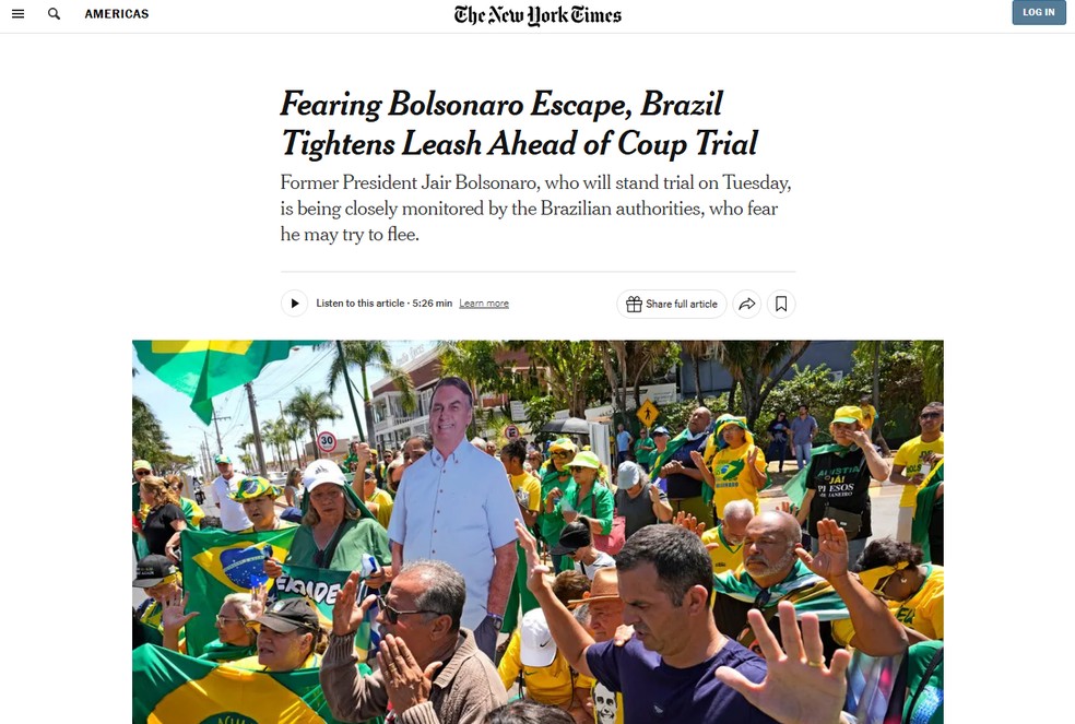 O jornal americano repercutiu o início do julgamento de Bolsonaro — Foto: Reprodução