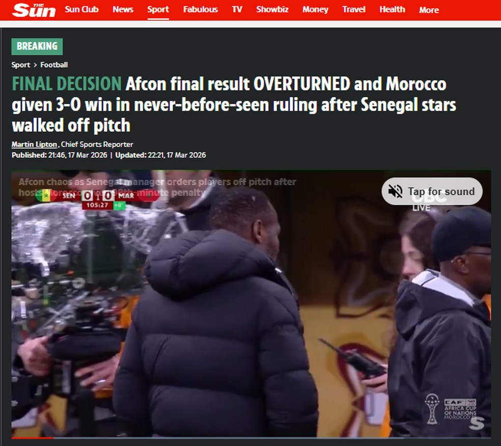 The Sun repercute decisão que reverte título de Senegal para Marrocos — Foto: Captura de tela