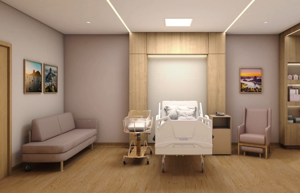 Layout do quarto no projeto arquitetônico da nova maternidade da Casa São José, no Rio, que reabre na segunda-feira — Foto: Divulgação/Inoah