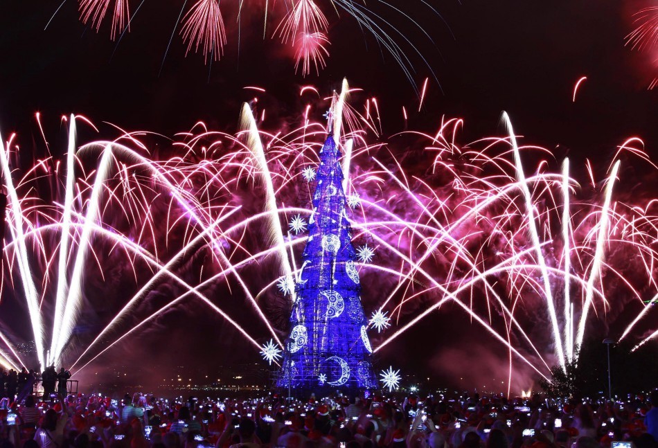 Azul, com detalhes brancos e iluminada por fogos rosa, a Árvore da Lagoa de 2014 encantou os visitantes — Foto: Márcio Alves