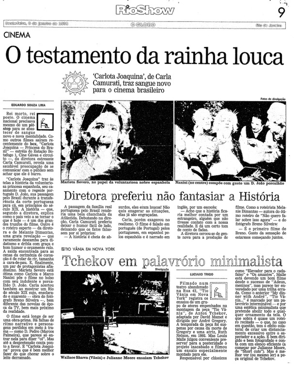 Crítica de "Carlota Joaquina, princesa do Brasil" no RioShow, em janeiro de 1995 — Foto: Reprodução / O GLOBO