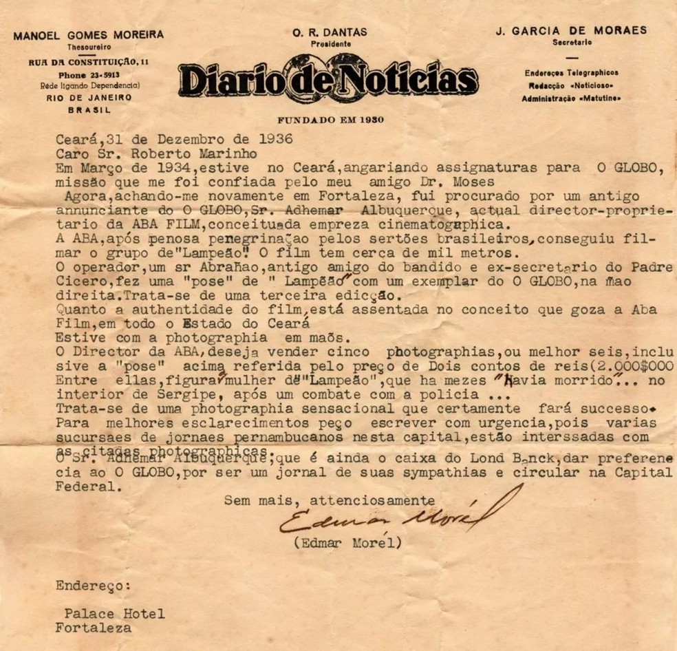 Carta de Edmar Morel a Roberto Marinho oferecendo fotografia de Lampião para O Globo, 31/12/1936 — Foto: Acervo Roberto Marinho