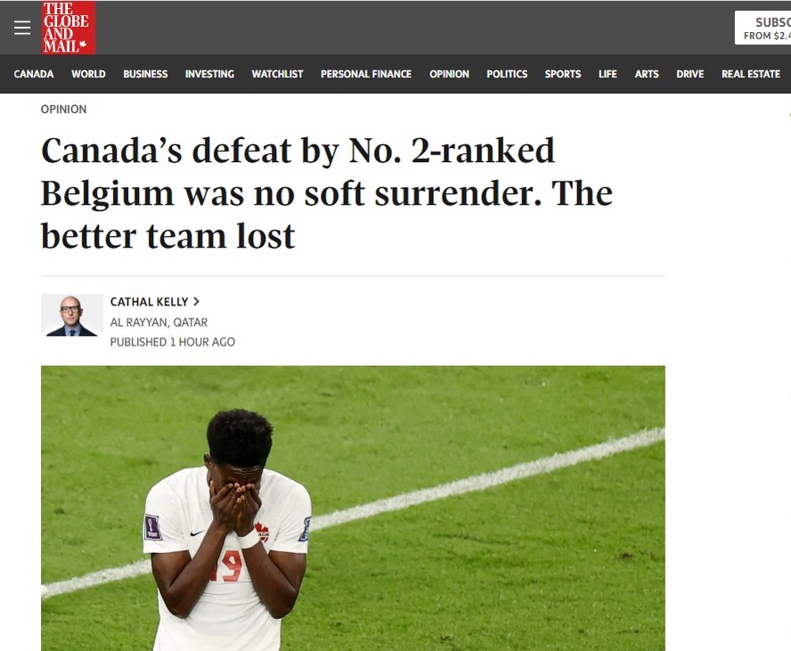 Jornal canadense 'The Globe and Mail' afirma que a equipe nacional foi melhor na derrota para a Bélgica na Copa do catar