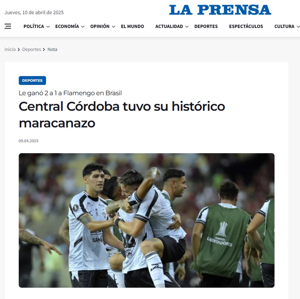 La Prensa repercute vitória do Central Córdoba sobre o Flamengo — Foto: Reprodução