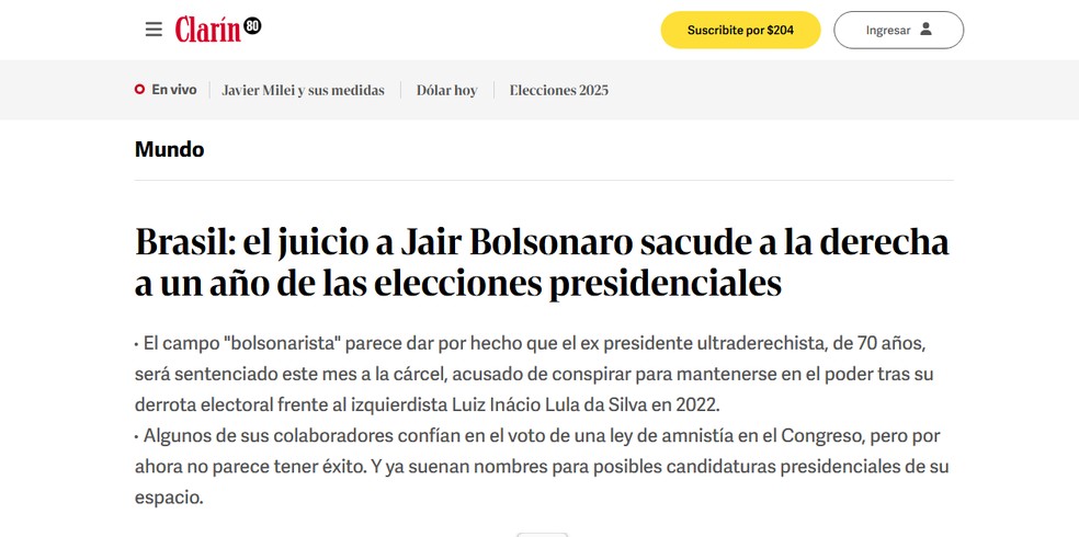 O jornal americano repercutiu o início do julgamento de Bolsonaro — Foto: Reprodução