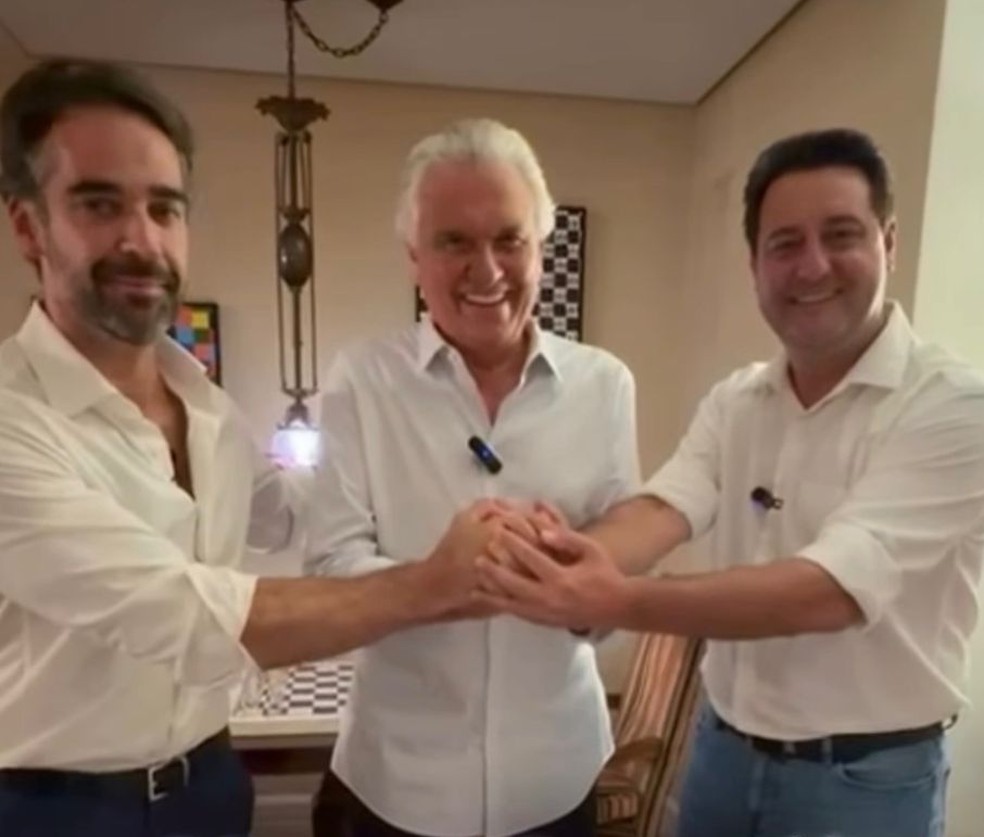 O governador de Goi�s, Ronaldo Caiado (ao centro), anunciou sua filia��o ao PSD ao lado de Eduardo Leite e Ratinho Jr, outros dois presidenci�veis do partido - Foto: Reprodu��o/Redes sociais