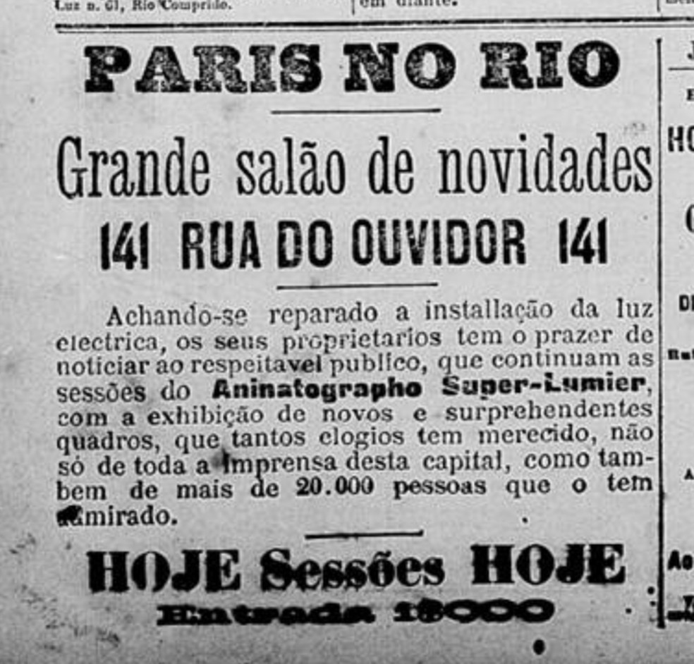 Anúncio do Grande Salão de Novidades Paris no Rio, o primeiro cinema do Brasil — Foto: Reprodução