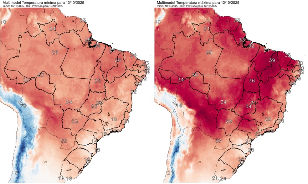 Previsão da temperatura mínima (esquerda) e máxima (direita) para domingo, 12 de outubro — Foto: Reprodução / Inpe