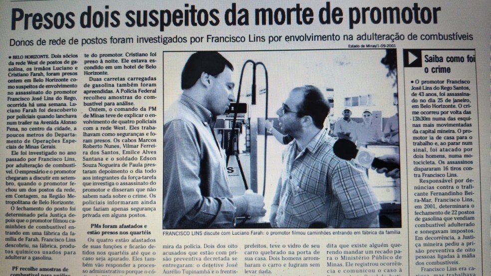 Reportagem com foto de empresário discutindo com promotor, meses antes do crime — Foto: Reprodução/Acervo O GLOBO