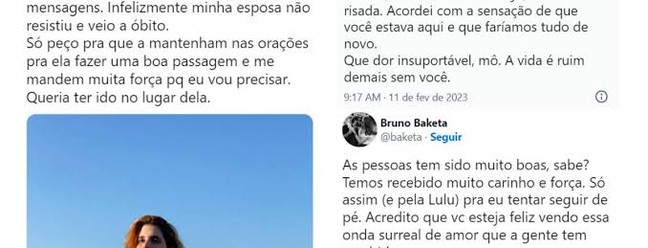 Bruno Baketa - o 'viúvo do twitter' - tinha diversas publicações viralizadas nas redes sociais falando sobre seu processo de luto com a morte de sua esposa. — Foto: Reprodução / Twitter