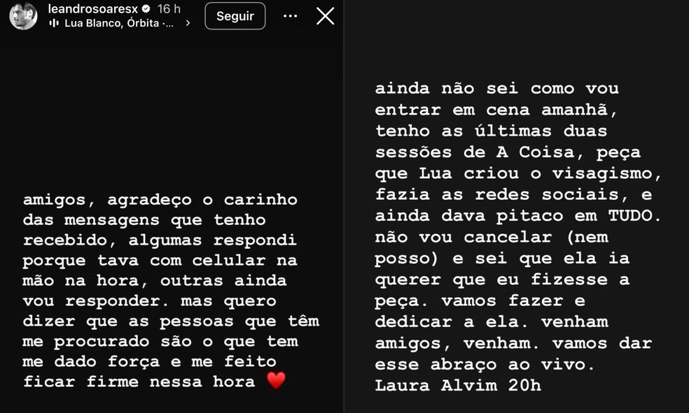 Companheiro de Lua Blanco desabafa após morte da atriz — Foto: Reprodução/Instagram