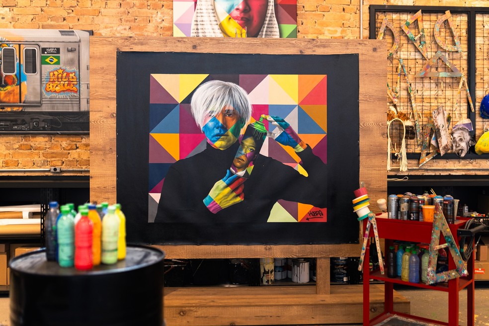 One of Kobra's works, depicting Andy Warhol and Jean-Michel Basquiat — Photo: Disclosure/Renan Roberto/Turbo Labs