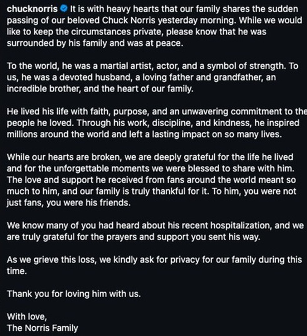 Morte foi confirmada em publicação no Instagram do ator — Foto: Reprodução | Instagram @chucknorris