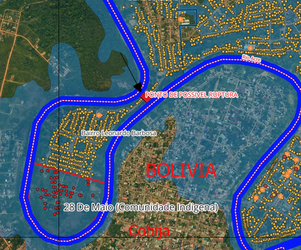 Mapa da Prefeitura de Brasileia mostra ponto de possível ruptura no bairro de Leonardo Barbosa — Foto: Divulgação/Prefeitura de Brasileia