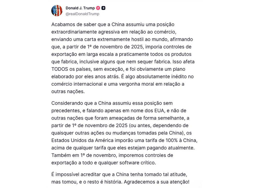 Trump anuncia tarifa de 100% sobre a China a partir de novembro