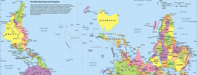 Austrália - mapa múndi do país da Oceania traz país no centro, com o Sul no topo no mapa — Foto: Reprodução