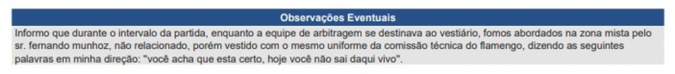 Parte da súmula em que o juíz relata ter sido ameaçado pelo massagista do Flamengo — Foto: Reprodução/CBF